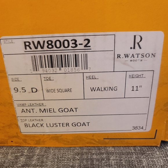 R. Watson Antique Miel Goat Black Square Toe Boots RW8003-2 Mens - Picture 12 of 12